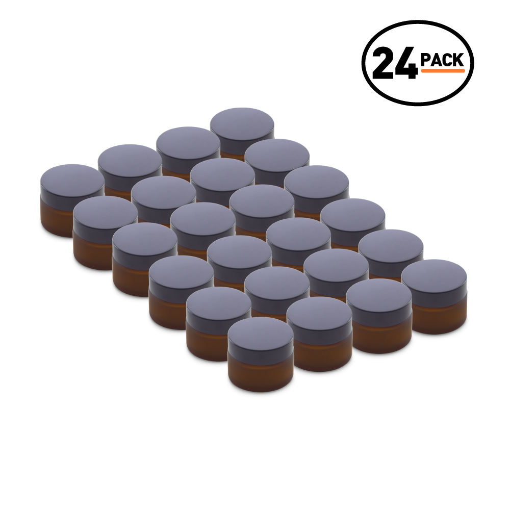 1 oz Amber Frosted Glass Jars With Black Lids (24 Pack)