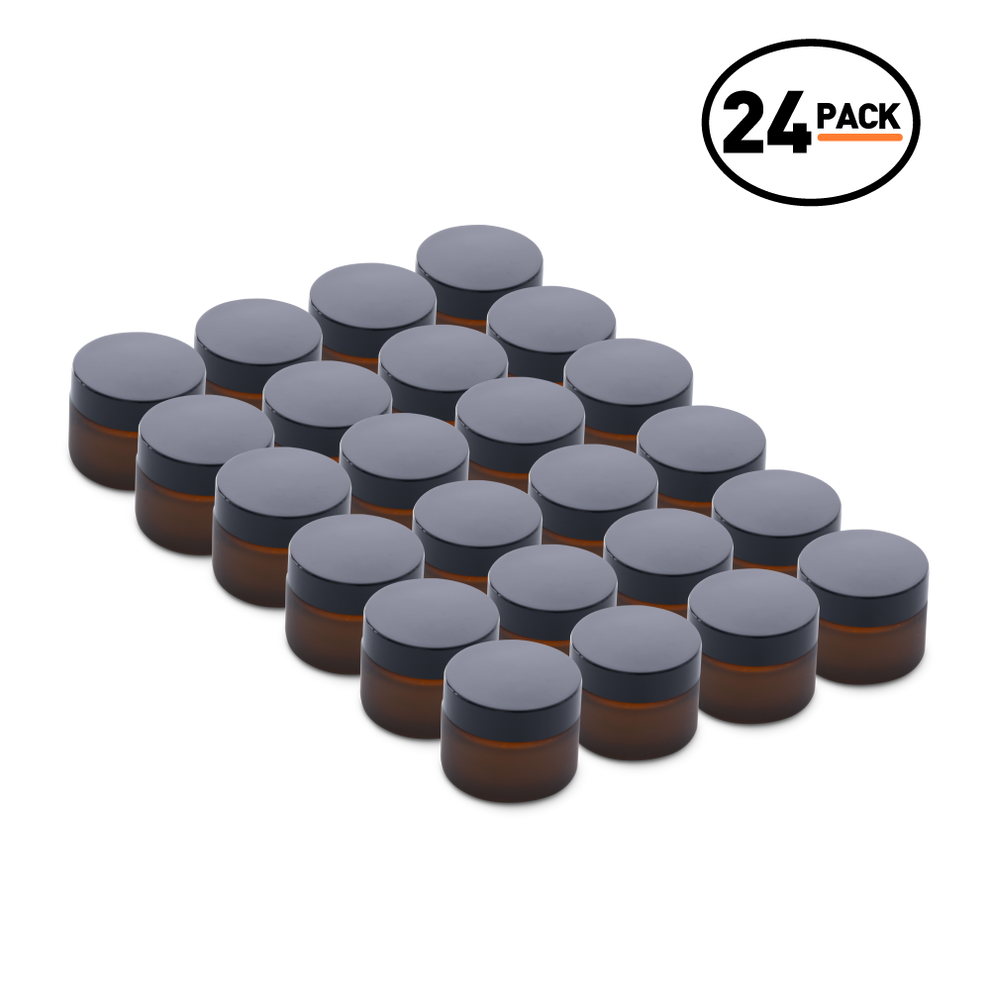 2 oz Amber Frosted Glass Jars With Black Lids (24 Pack)