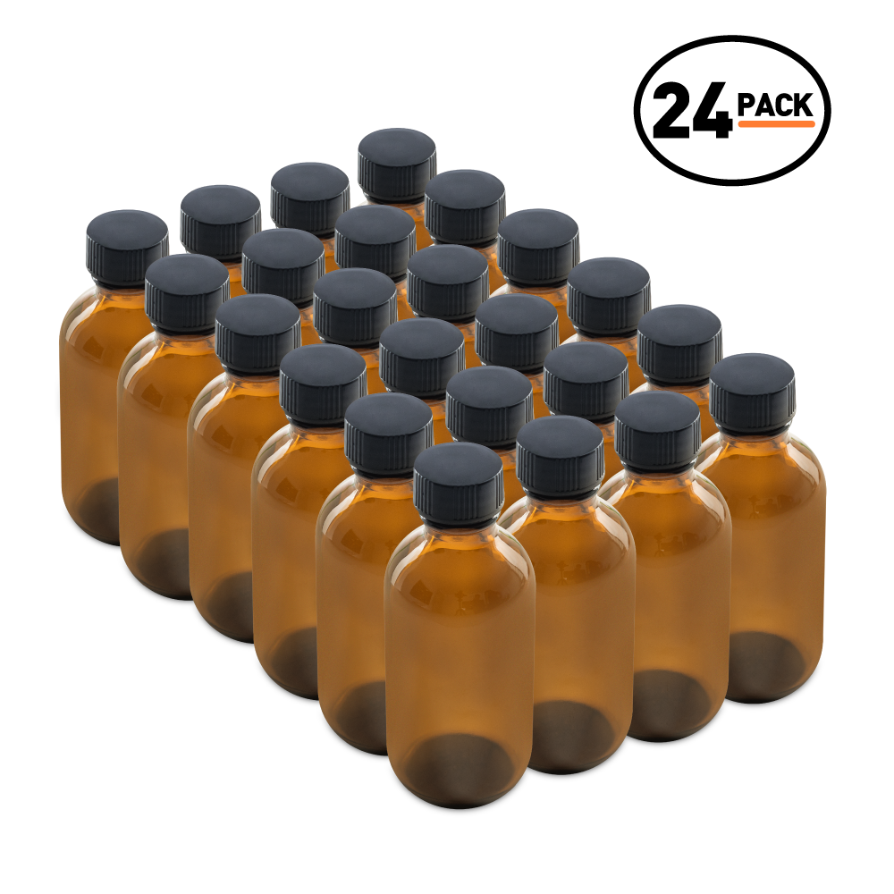 2 oz Amber Glass Boston Round Bottles With Black Lids (24/72 Pack)