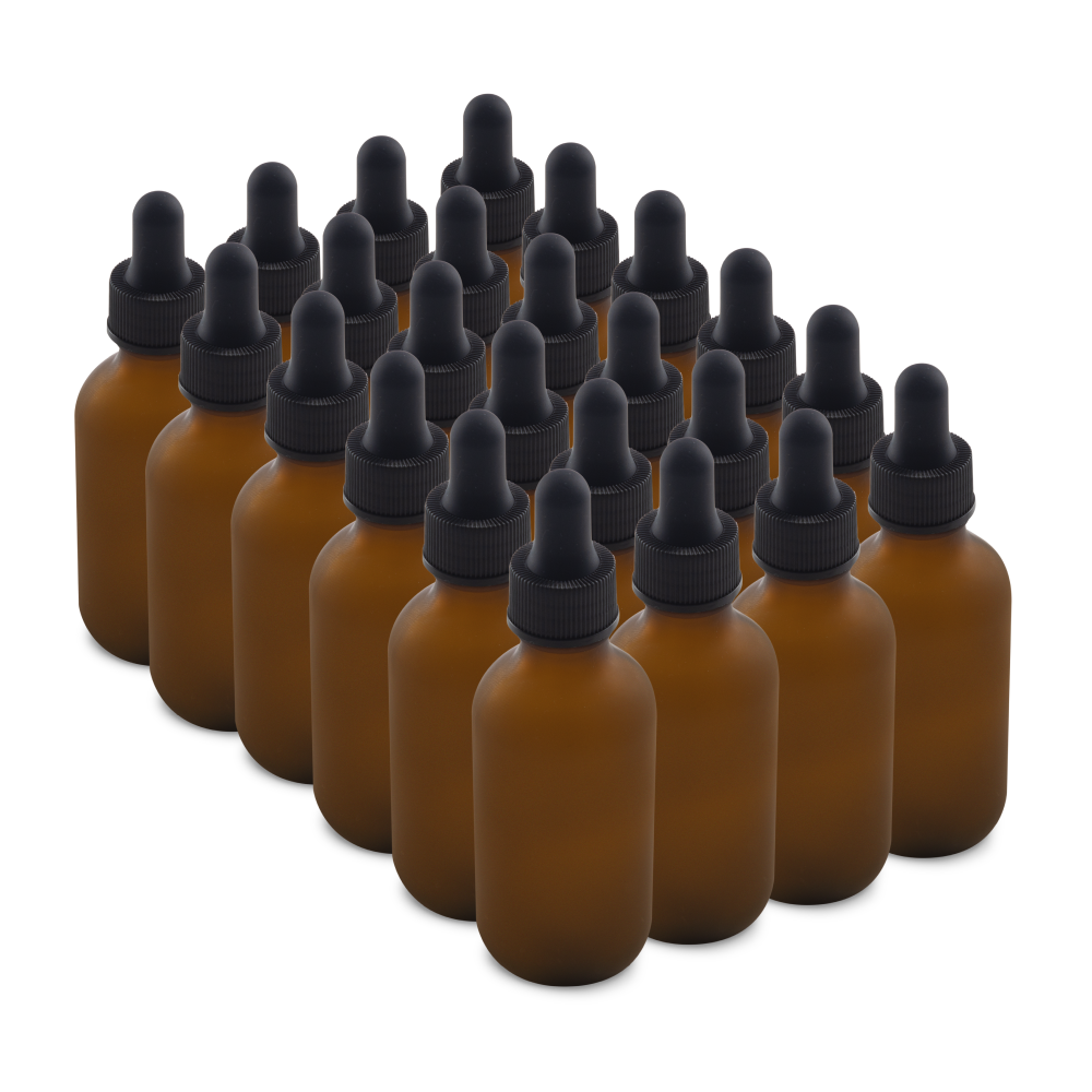 2 oz Amber Frosted Glass Boston Round Bottle With Black Dropper (24/72 Pack)