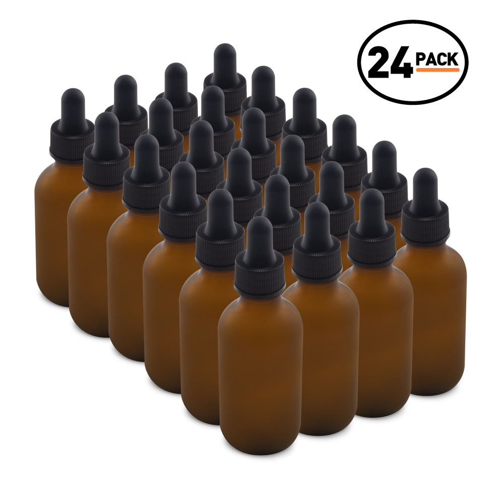 2 oz Amber Frosted Glass Boston Round Bottle With Black Dropper (24 Pack)