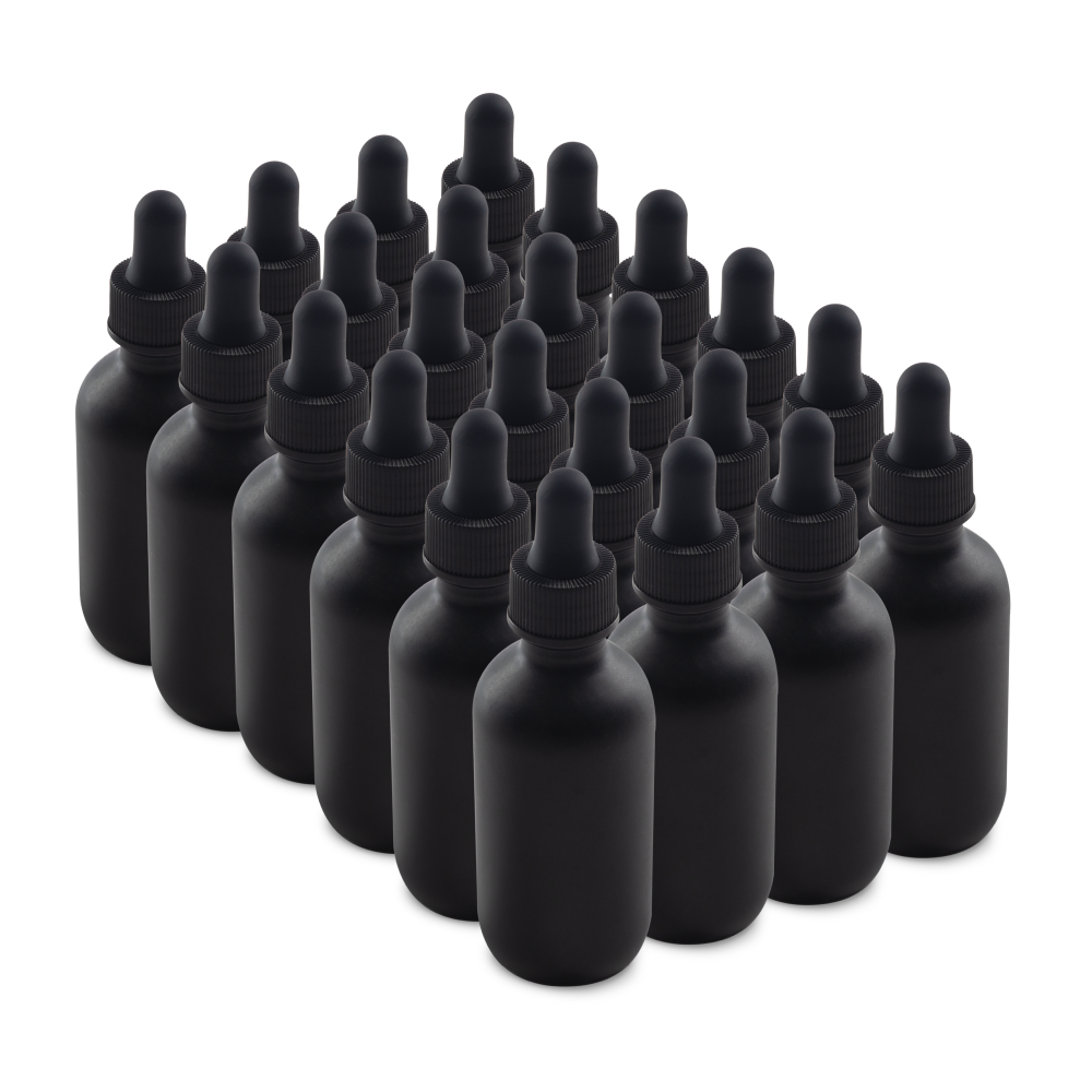 2 oz Black Frosted Boston Round Glass Bottle With Black Dropper (24/72 Pack)