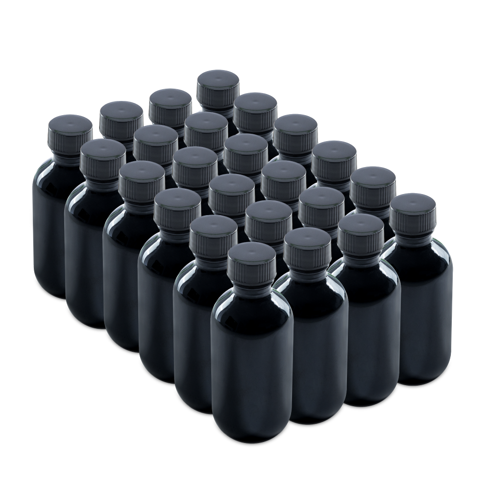 2 oz Black UV Glass Boston Round Bottles With Black Lids (24/72 Pack)