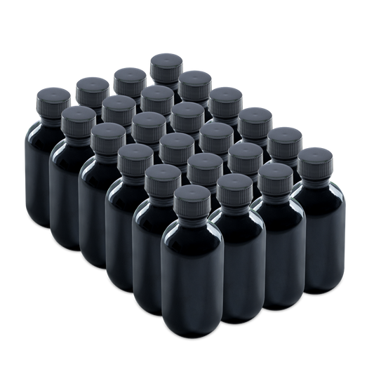 2 oz Black UV Glass Boston Round Bottles With Black Lids (24/72 Pack)