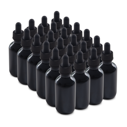 2 oz Black UV Boston Round Glass Bottle With Black Dropper (24/72 Pack)