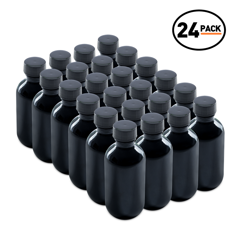 2 oz Black UV Glass Boston Round Bottles With Black Lids (24/72 Pack)