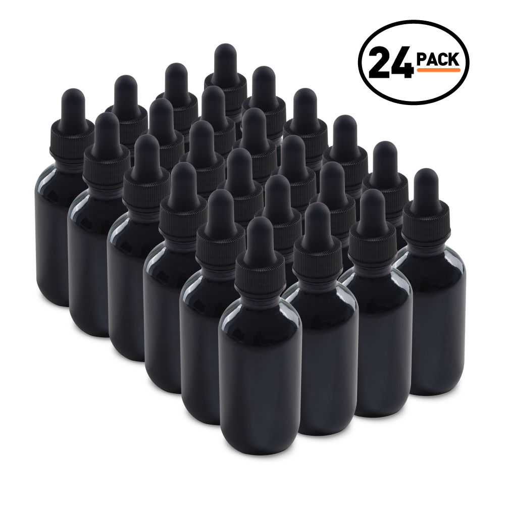 2 oz Black UV Boston Round Glass Bottle With Black Dropper (24/72 Pack)