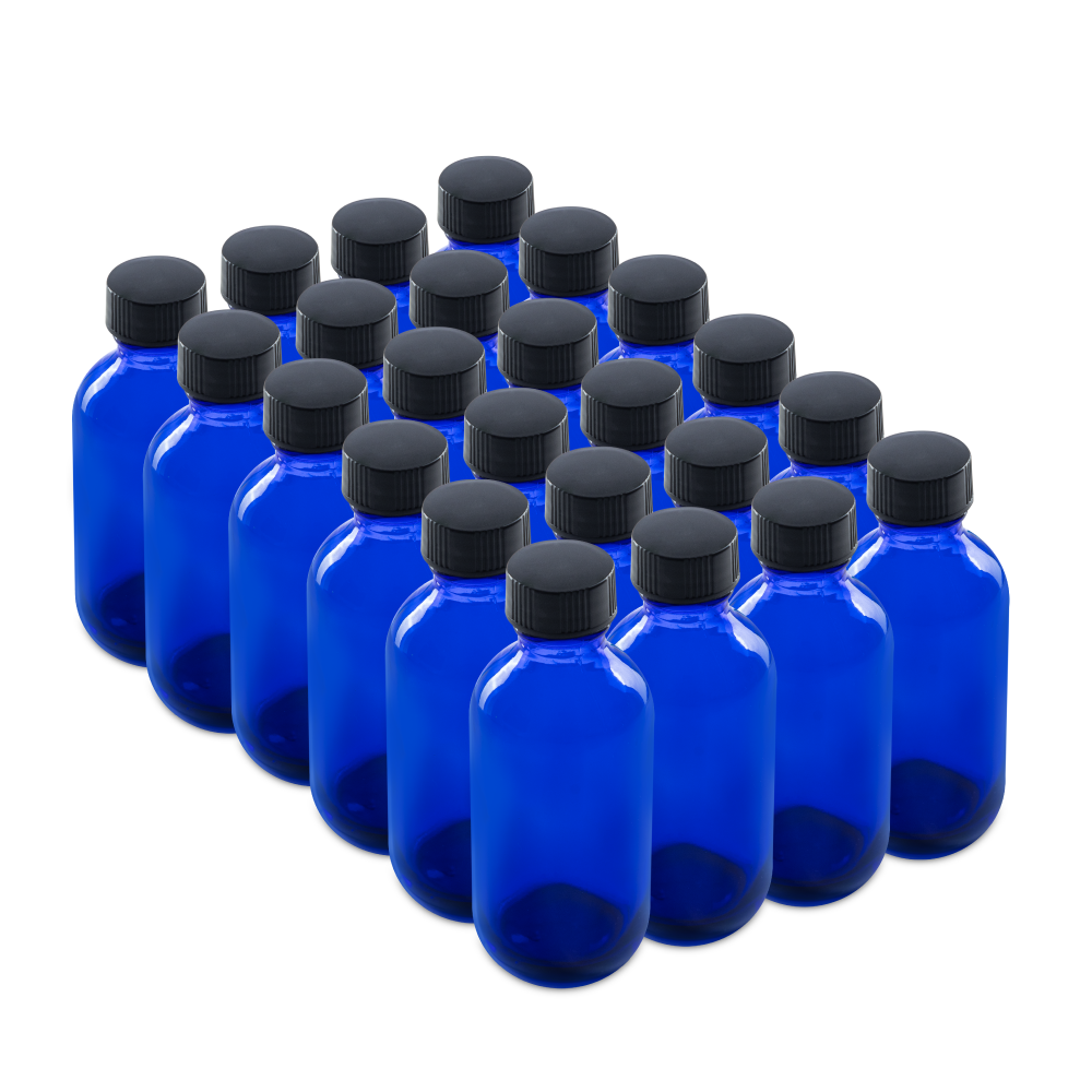 2 oz Blue Glass Boston Round Bottles With Black Lids (24/72 Pack)