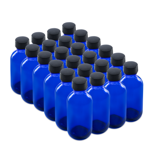 2 oz Blue Glass Boston Round Bottles With Black Lids 