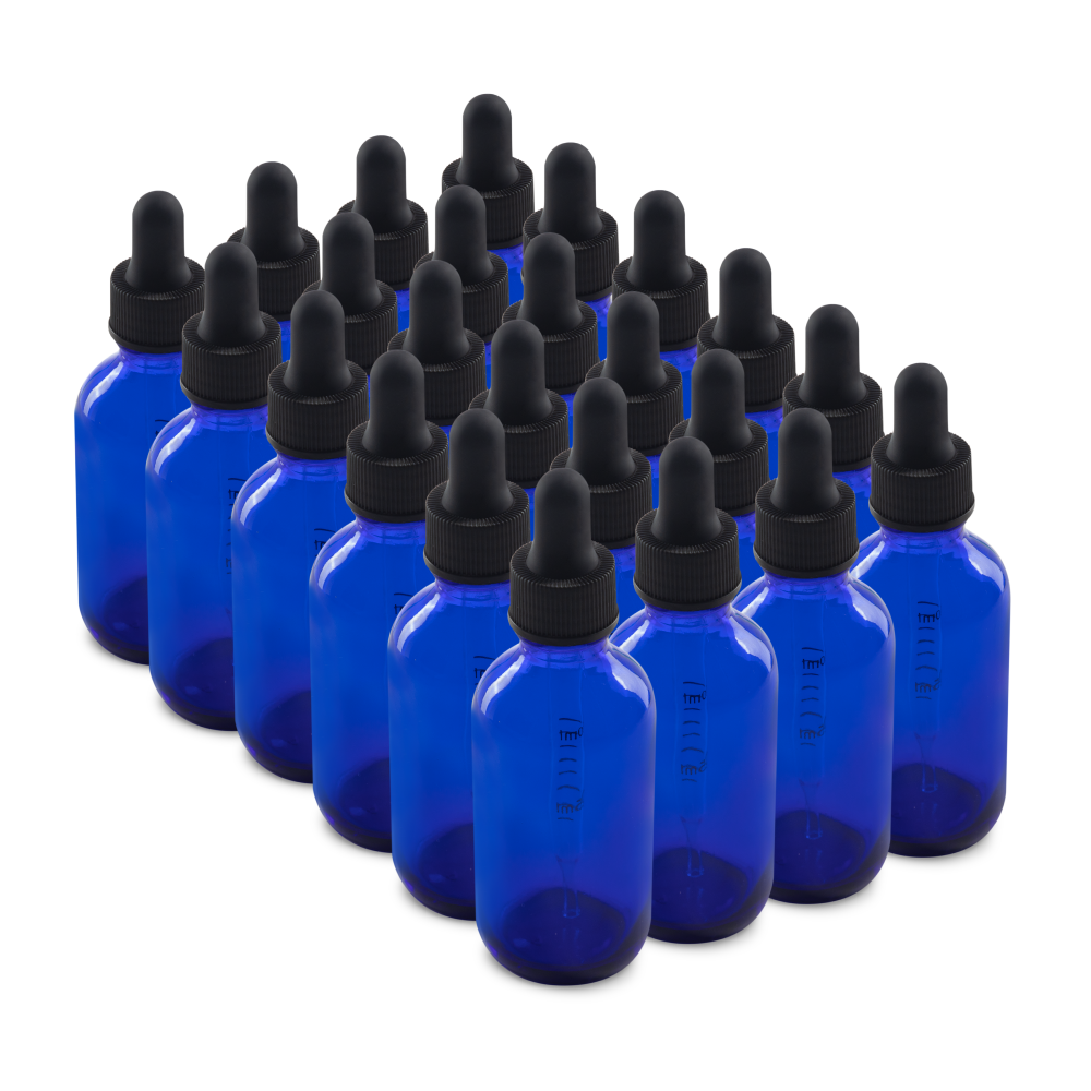 2 oz Blue Boston Round Glass Bottle With Black Dropper (24/72 Pack)