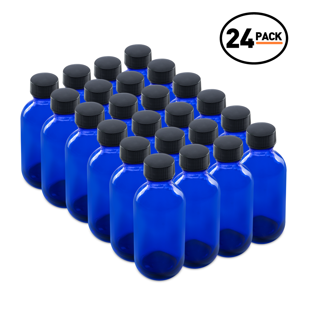 2 oz Blue Glass Boston Round Bottles With Black Lids (24/72 Pack)