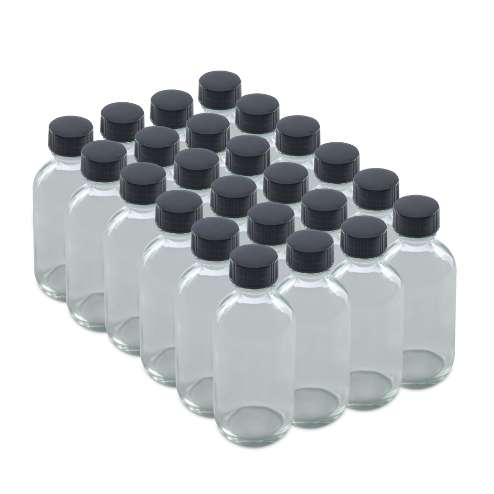 2 oz Clear Glass Boston Round Bottles With Black Lids (24/72 Pack)