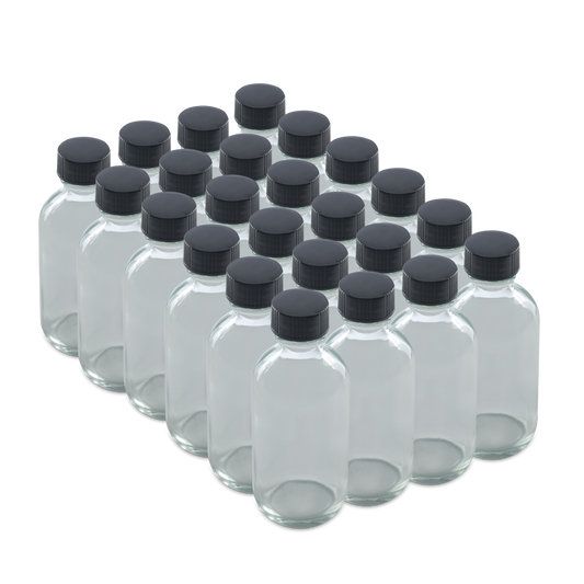 2 oz Clear Glass Boston Round Bottles With Black Lids