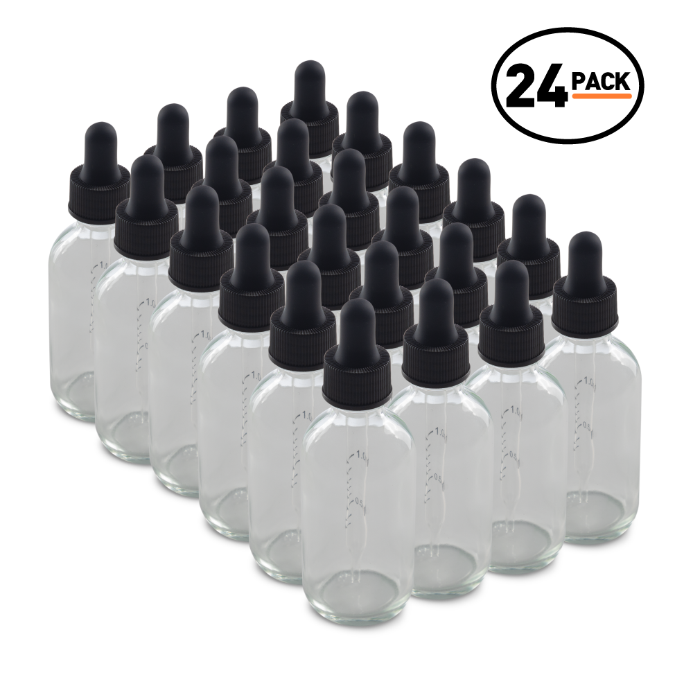 2 oz Clear Boston Round Glass Bottle With Black Dropper (24/72 Pack)