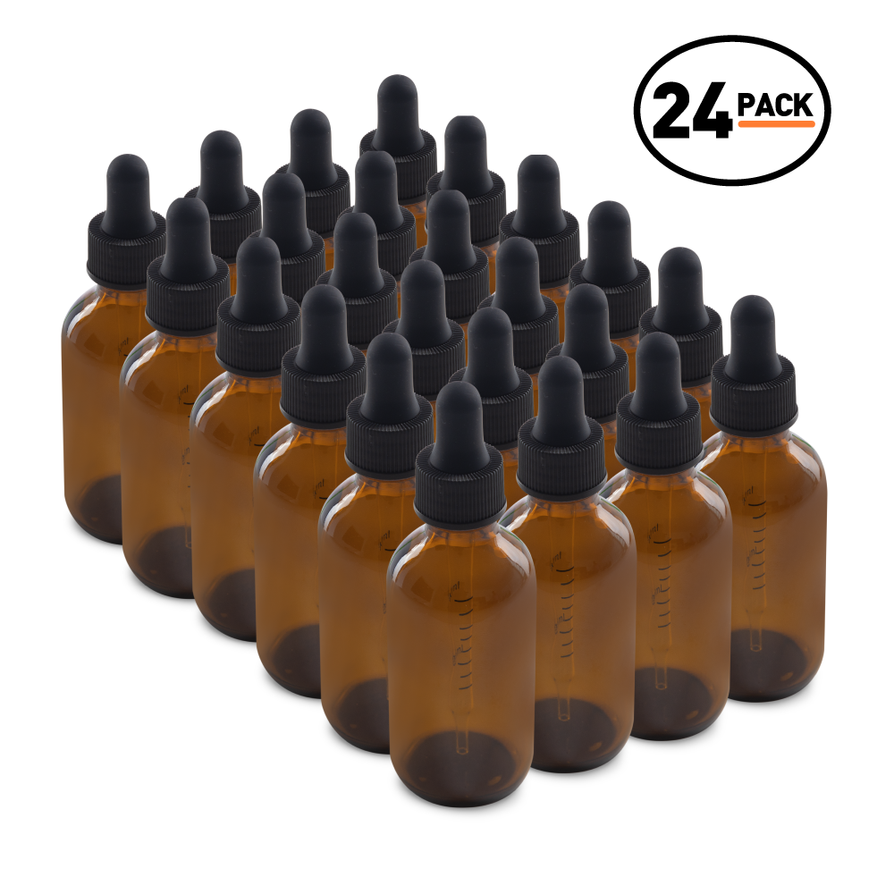 2 oz Amber Glass Boston Round Bottle With Black Dropper (24/72 Pack)