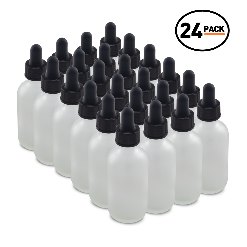 2 oz Clear Frosted Boston Round Glass Bottle With Black Dropper (24 Pack)