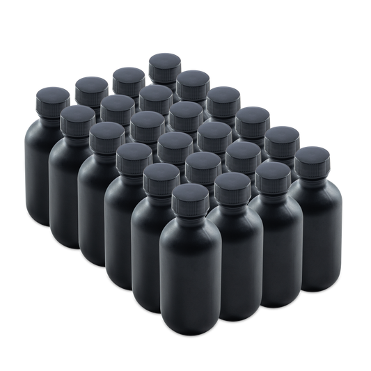 2 oz Black Frosted Glass Boston Round Bottles With Black Lids (24/72 Pack)