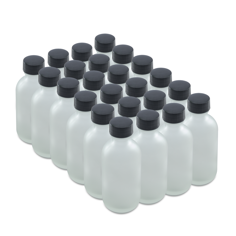 2 oz Clear Frosted Glass Boston Round Bottles With Black Lids (24/72 Pack)