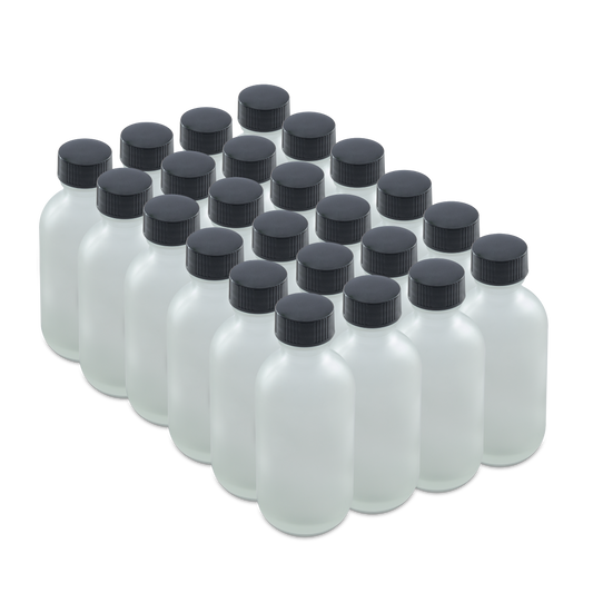 2 oz Clear Frosted Glass Boston Round Bottles With Black Lids (24/72 Pack)