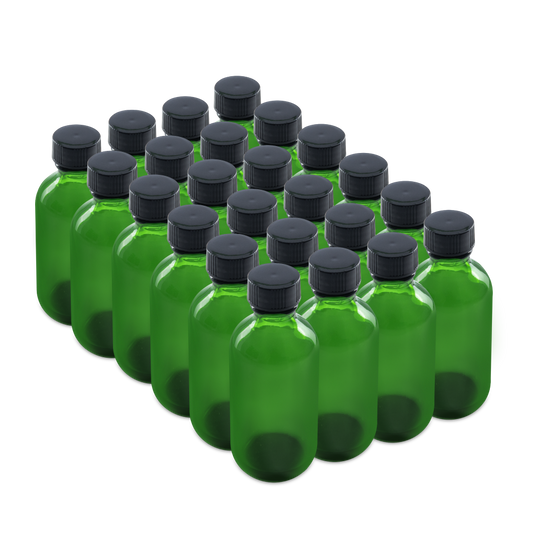 2 oz Green Glass Boston Round Bottles With Black Lids (24/72 Pack)