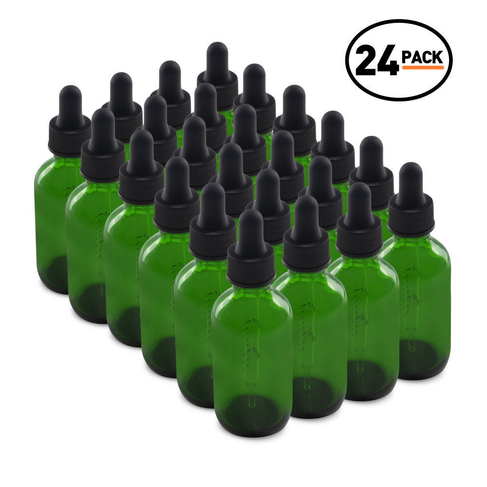 2 oz Green Boston Round Glass Bottle With Black Dropper (24 Pack)