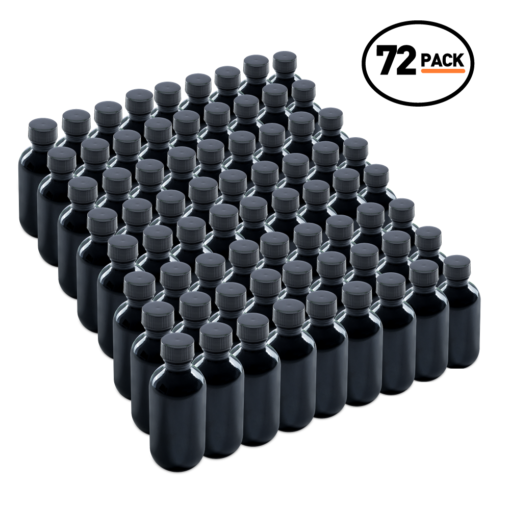 2 oz Black UV Glass Boston Round Bottles With Black Lids (24/72 Pack)