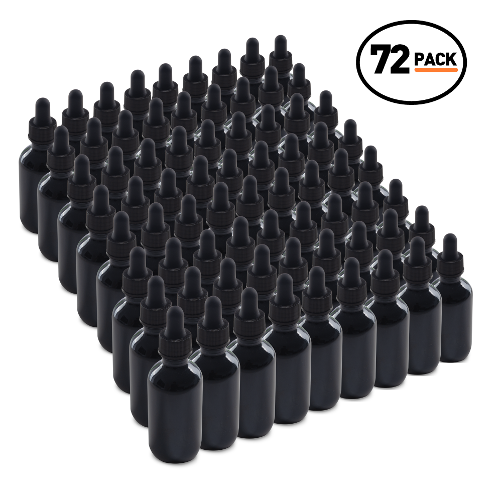 2 oz Black UV Boston Round Glass Bottle With Black Dropper (72 Pack)