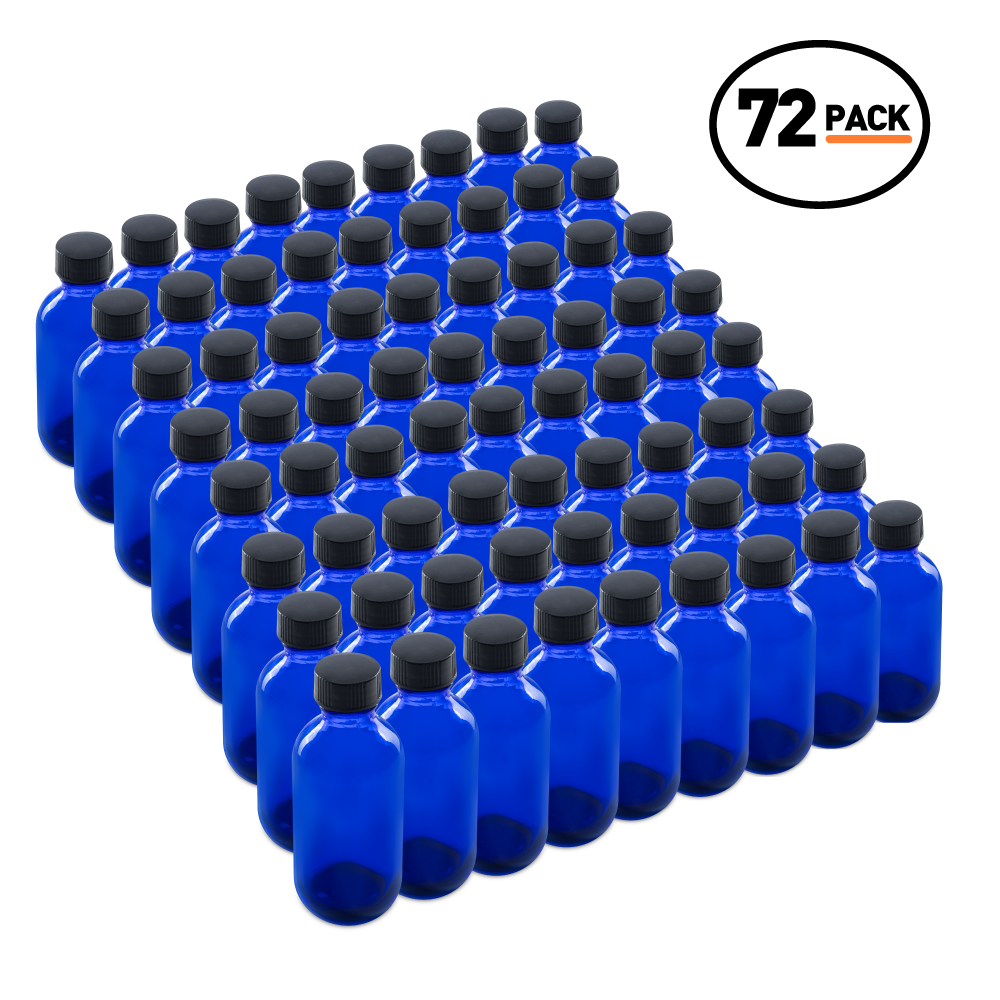 2 oz Blue Glass Boston Round Bottles With Black Lids (24/72 Pack)