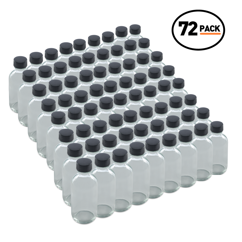 2 oz Clear Glass Boston Round Bottles With Black Lids (24/72 Pack)