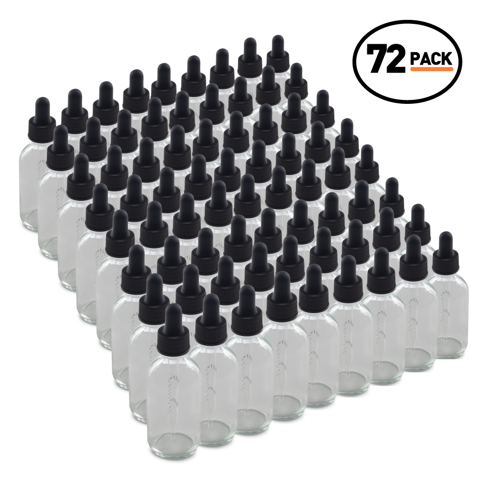 2 oz Clear Boston Round Glass Bottle With Black Dropper (72 Pack)