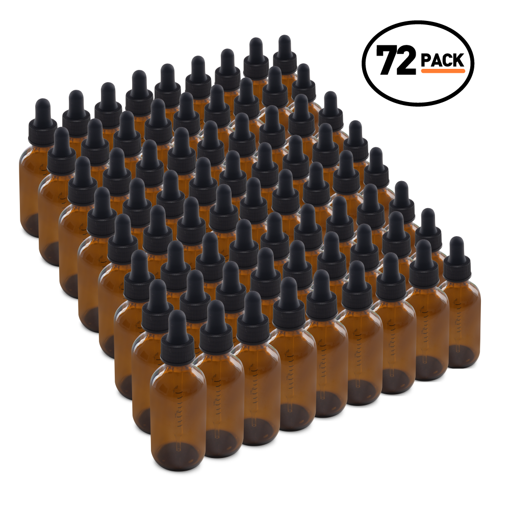 2 oz Amber Glass Boston Round Bottle With Black Dropper (72 Pack)