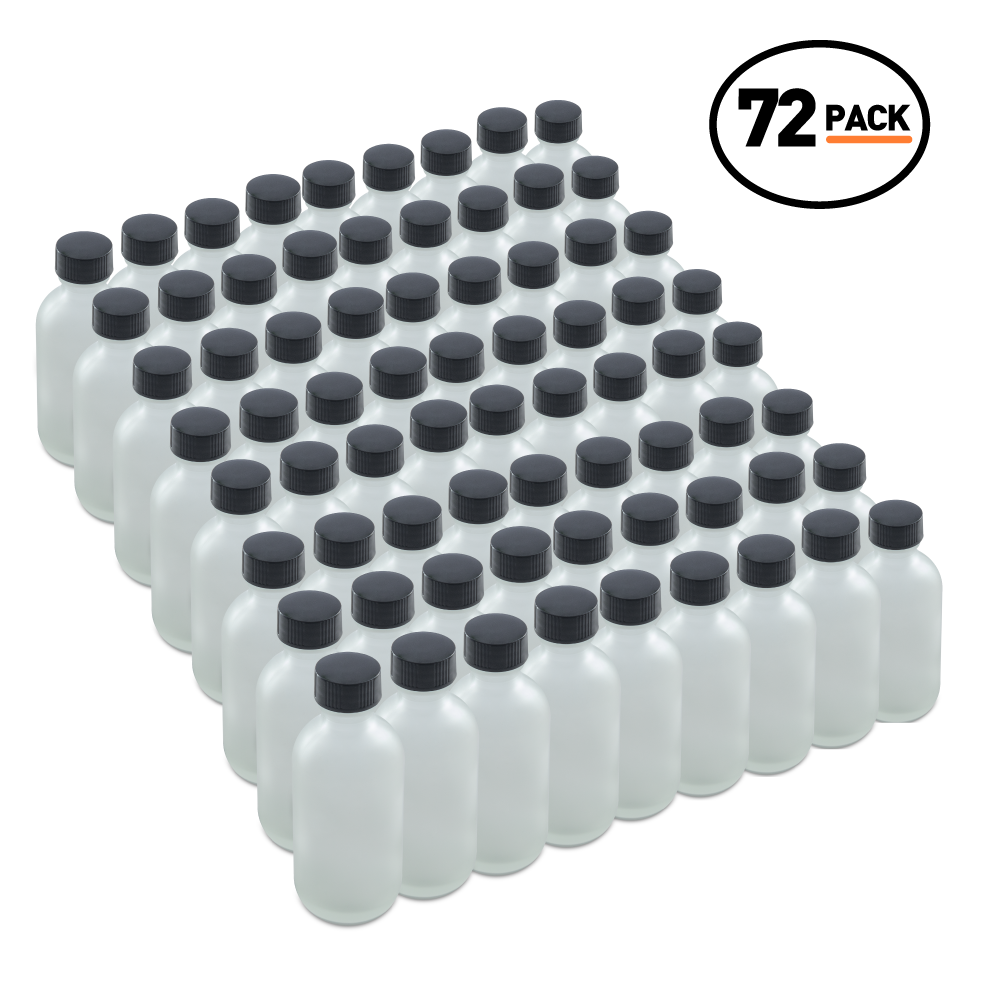 2 oz Clear Frosted Glass Boston Round Bottles With Black Lids (24/72 Pack)