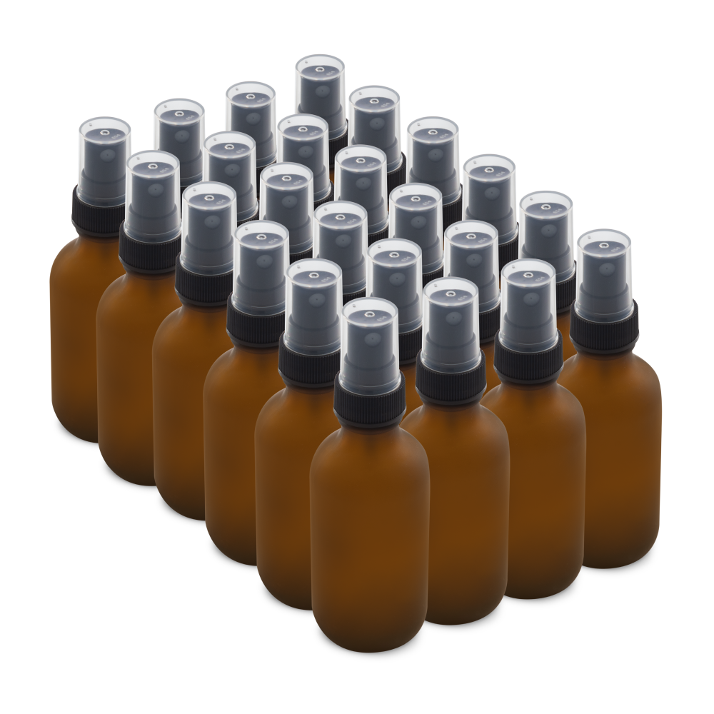 2 oz Amber Frosted Glass Boston Round Bottles With Black Fine Mist Sprayers (24/72 Pack)