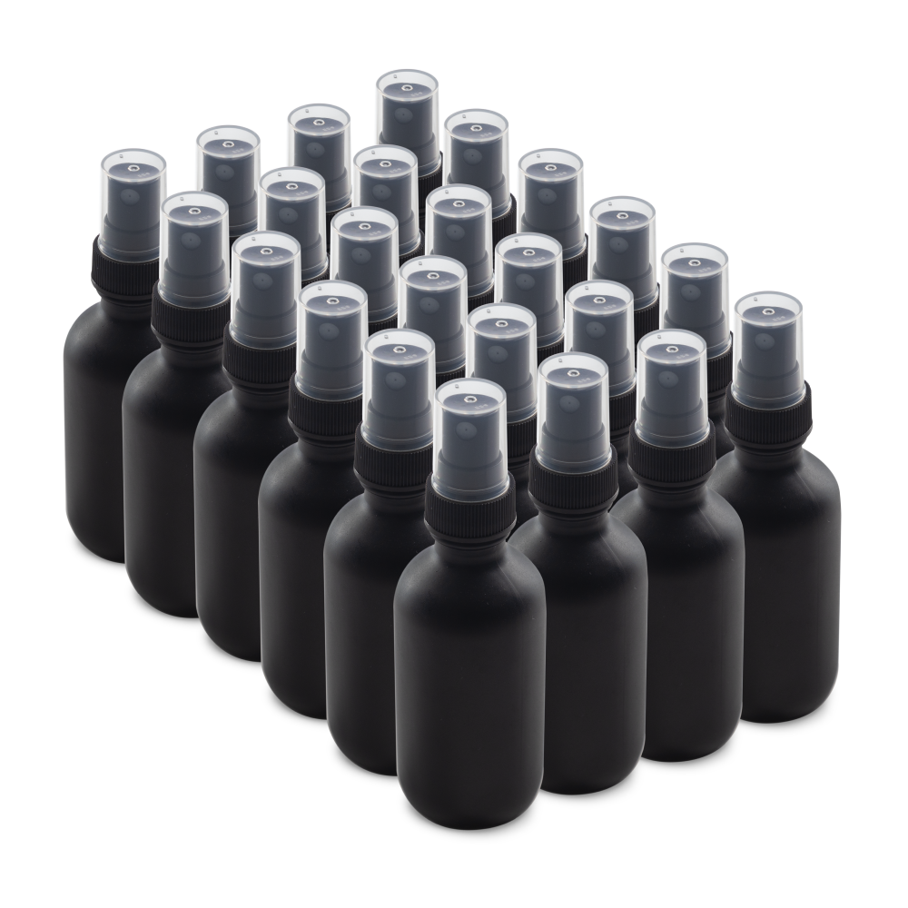 2 oz Black Frosted Glass Boston Round Bottles With Black Fine Mist Sprayers (24/72 Pack)