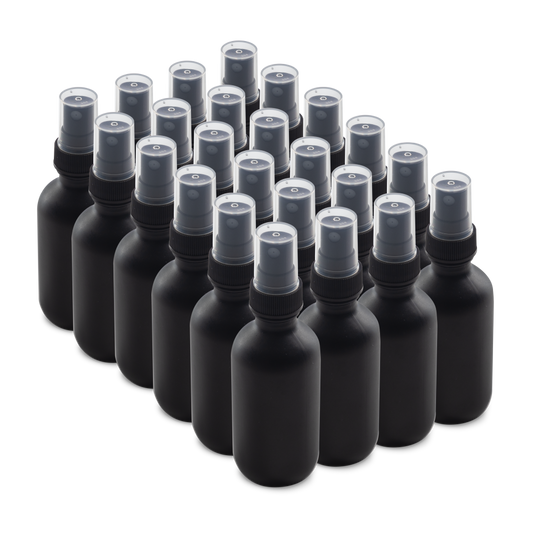 2 oz Black Frosted Glass Boston Round Bottles With Black Fine Mist Sprayers (24/72 Pack)