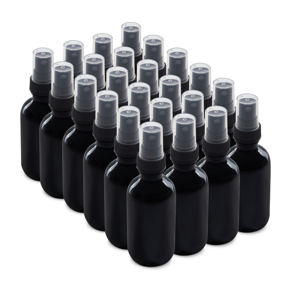 2 oz Black UV Glass Boston Round Bottles With Black Fine Mist Sprayers (24/72 Pack)