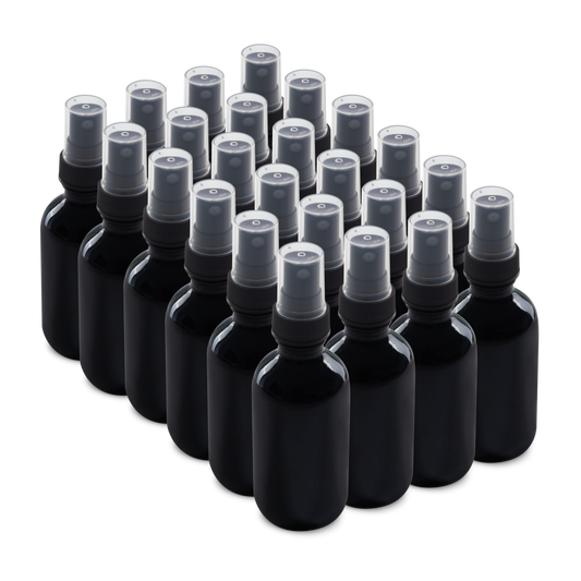 2 oz Black UV Glass Boston Round Bottles With Black Fine Mist Sprayers (24/72 Pack)