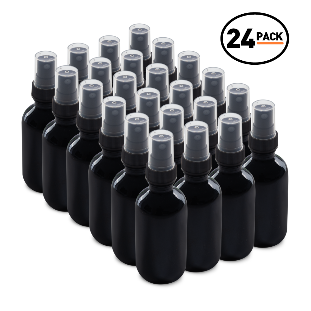 2 oz Black UV Glass Boston Round Bottles With Black Fine Mist Sprayers (24/72 Pack)