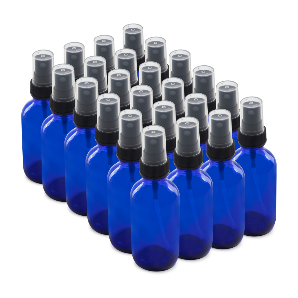 2 oz Blue Glass Boston Round Bottles With Black Fine Mist Sprayers (24/72 Pack)