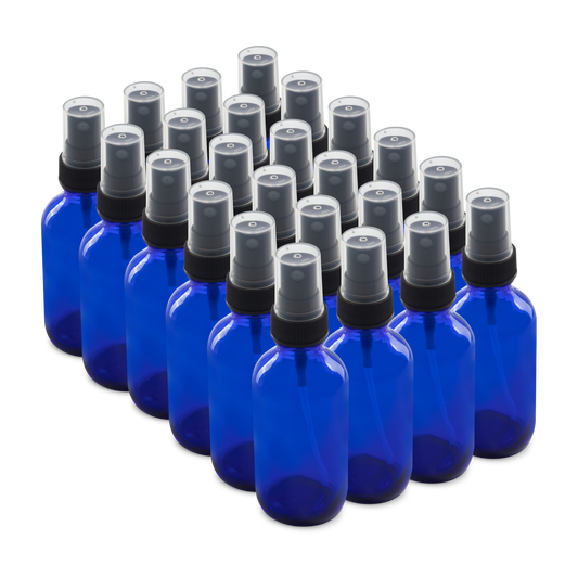 2 oz Blue Glass Boston Round Bottles With Black Fine Mist Sprayers (24/72 Pack)