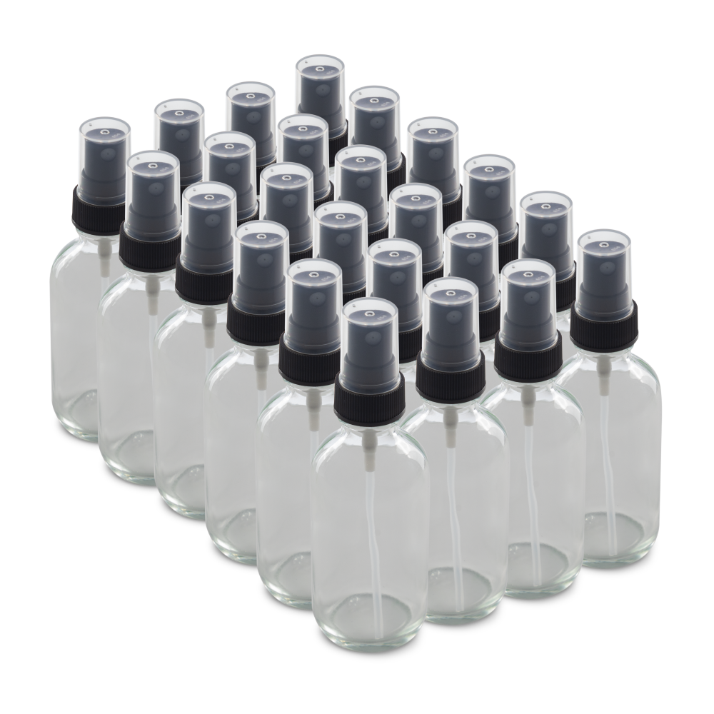 2 oz Clear Glass Boston Round Bottles With Black Fine Mist Sprayers (24/72 Pack)