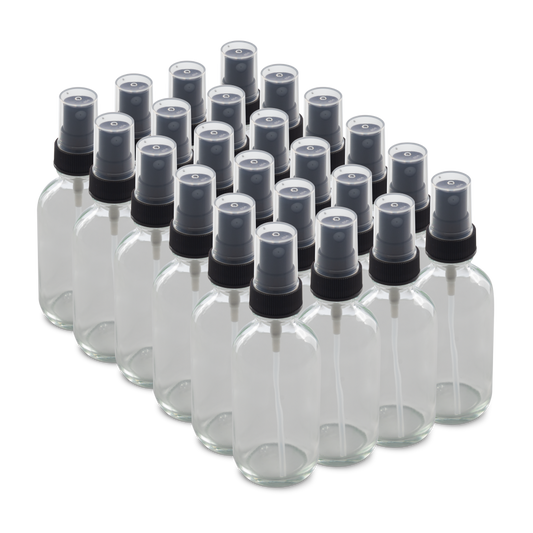 2 oz Clear Glass Boston Round Bottles With Black Fine Mist Sprayers (24/72 Pack)