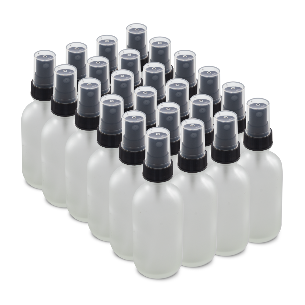 2 oz Clear Frosted Glass Boston Round Bottles With Black Fine Mist Sprayers (24/72 Pack)