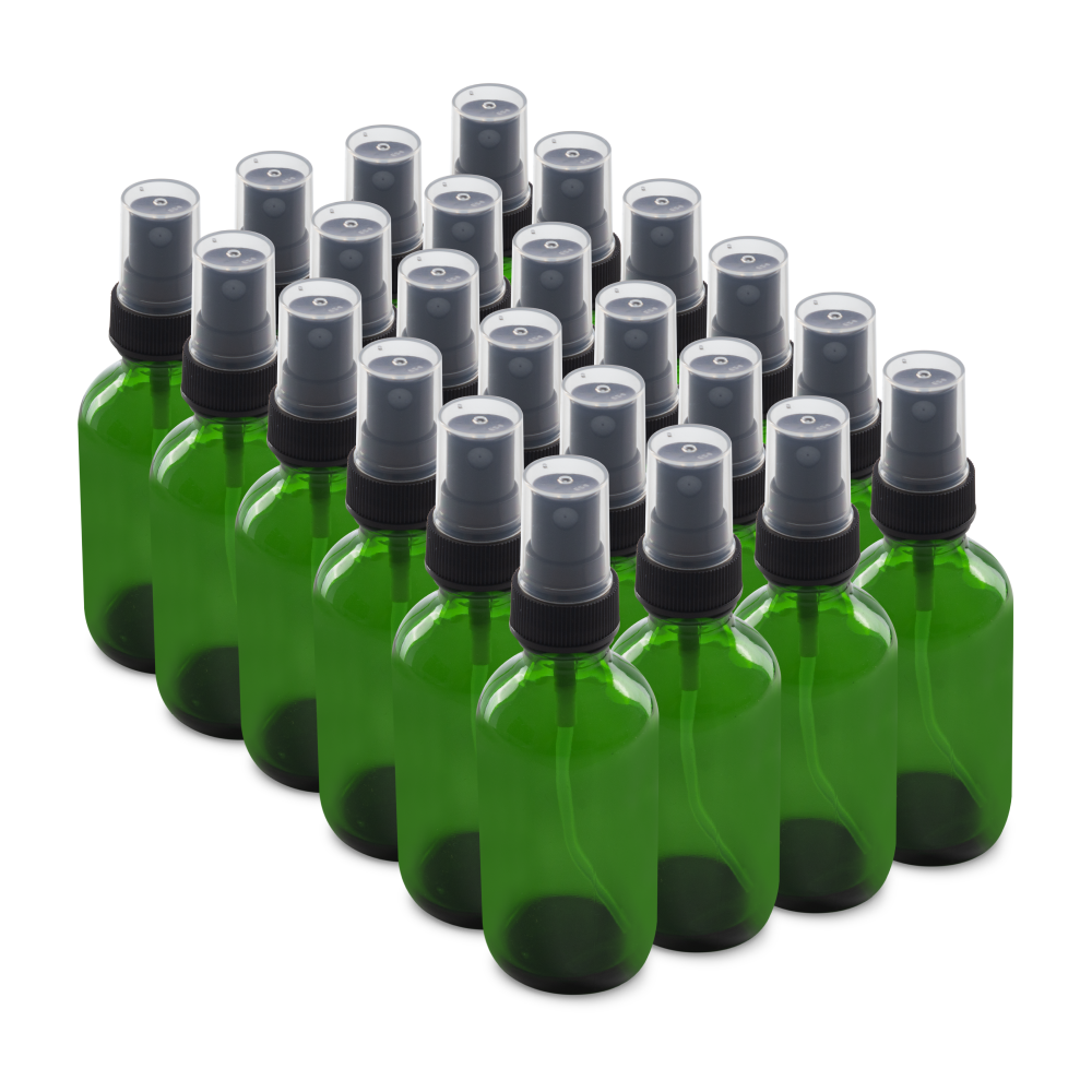 2 oz Green Glass Boston Round Bottles With Black Fine Mist Sprayers (24/72 Pack)