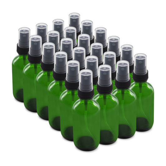 2 oz Green Glass Boston Round Bottles With Black Fine Mist Sprayers (24/72 Pack)