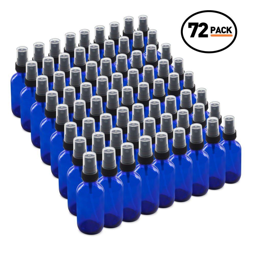 2 oz Blue Glass Boston Round Bottles With Black Fine Mist Sprayers (24/72 Pack)