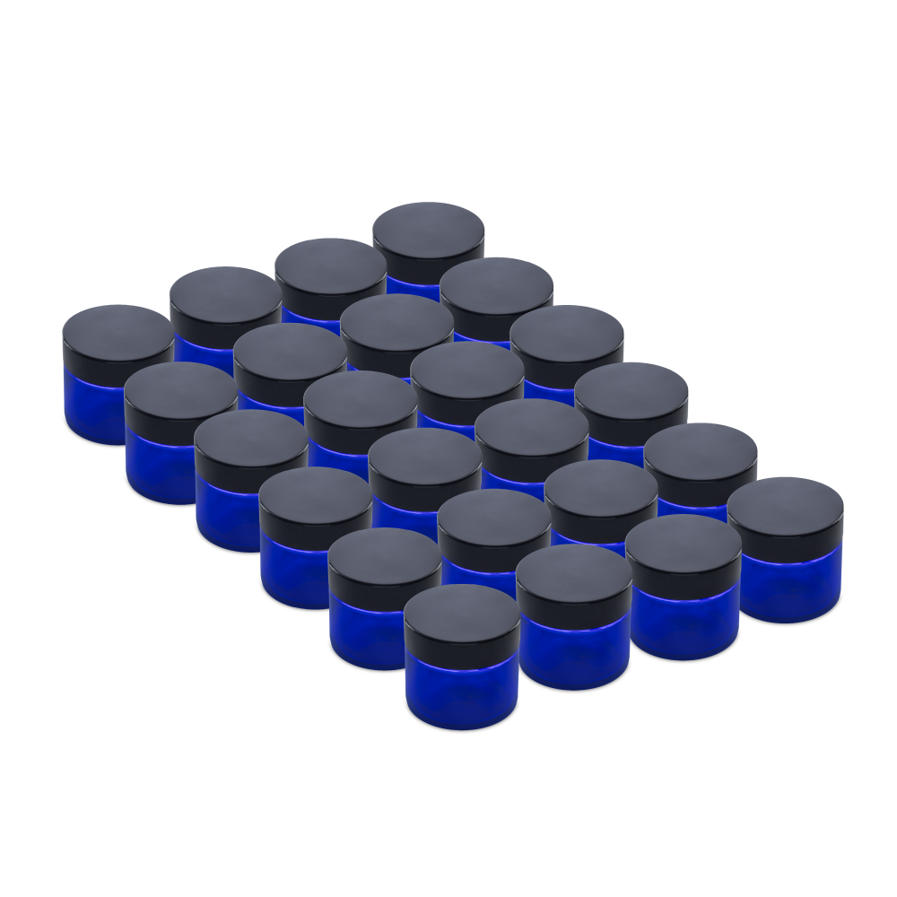 2 oz Blue Glass Jars With Black Lids (24 Pack)