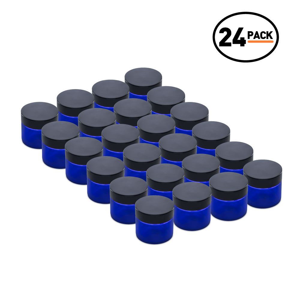 2 oz Blue Glass Jars With Black Lids (24 Pack)