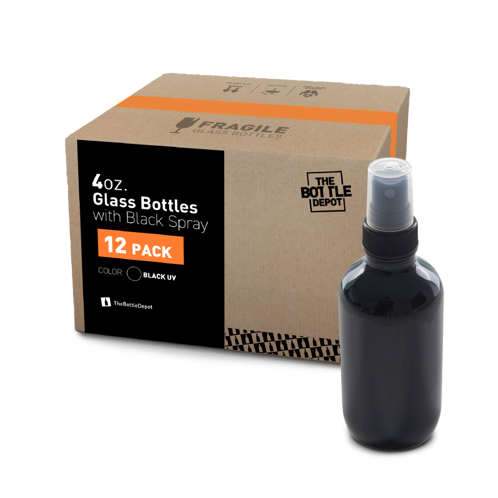 4 oz Black UV Glass Boston Round Bottle With Fine Mist Sprayer (12 Pack)
