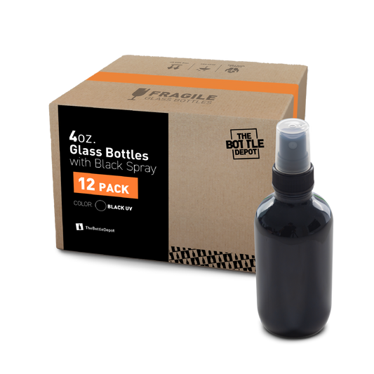 4 oz Black UV Glass Boston Round Bottle With Fine Mist Sprayer (12 Pack)